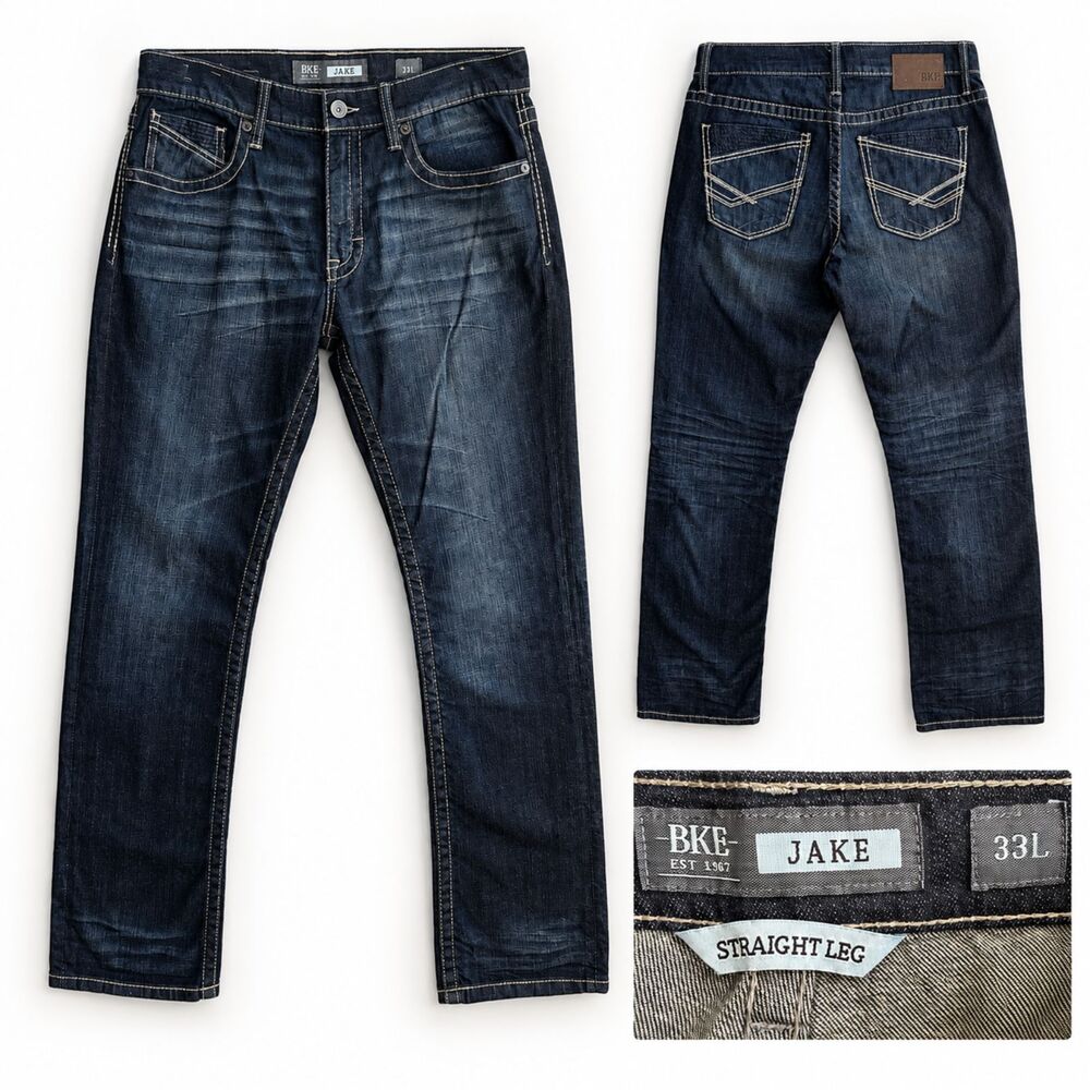 BKE Buckle Denim Jake Straight Leg Jeans Men's Size 33L Blue Medium Wash Stretch